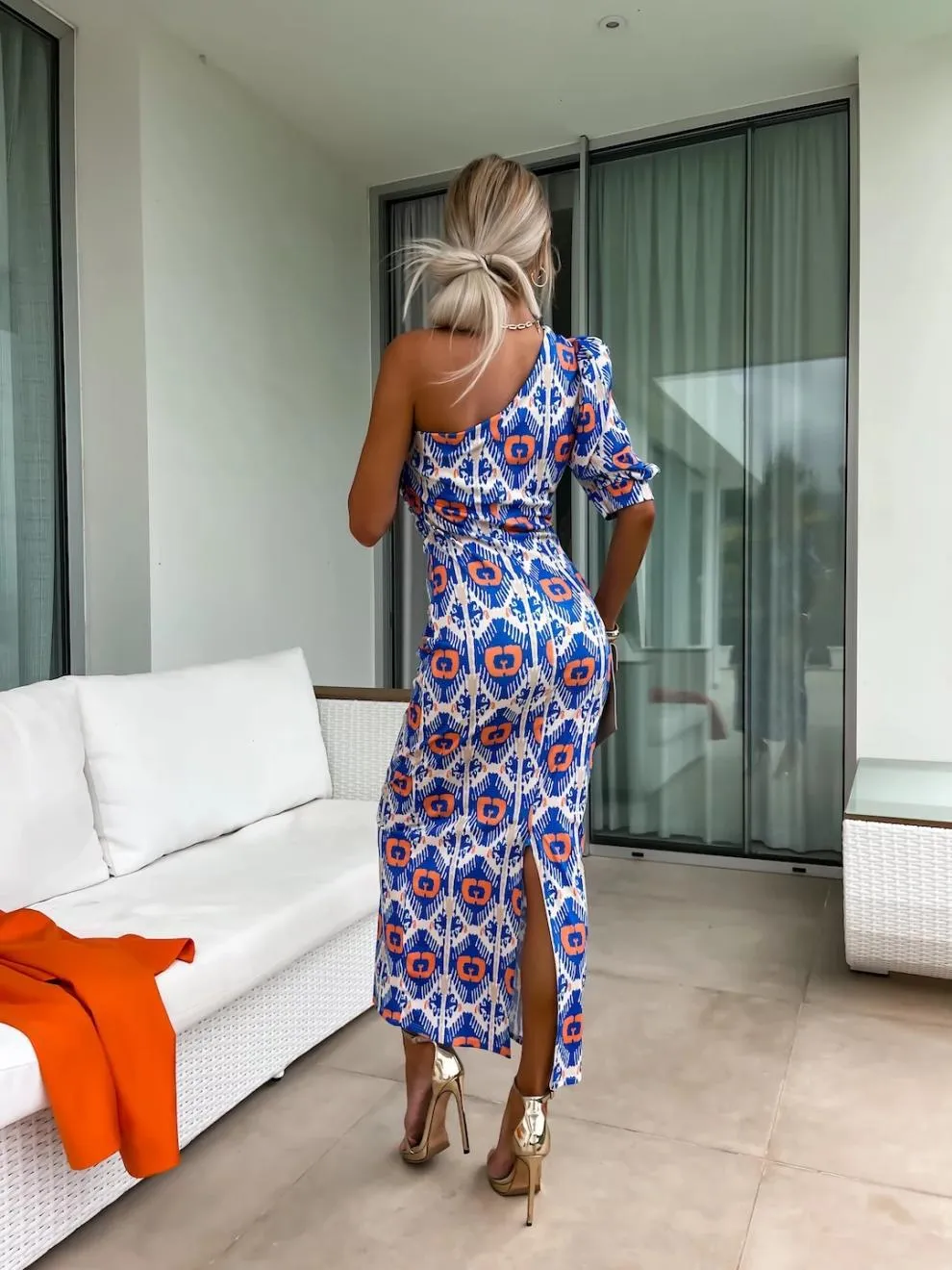 Slit Printed Single Shoulder Midi Dress, image 10