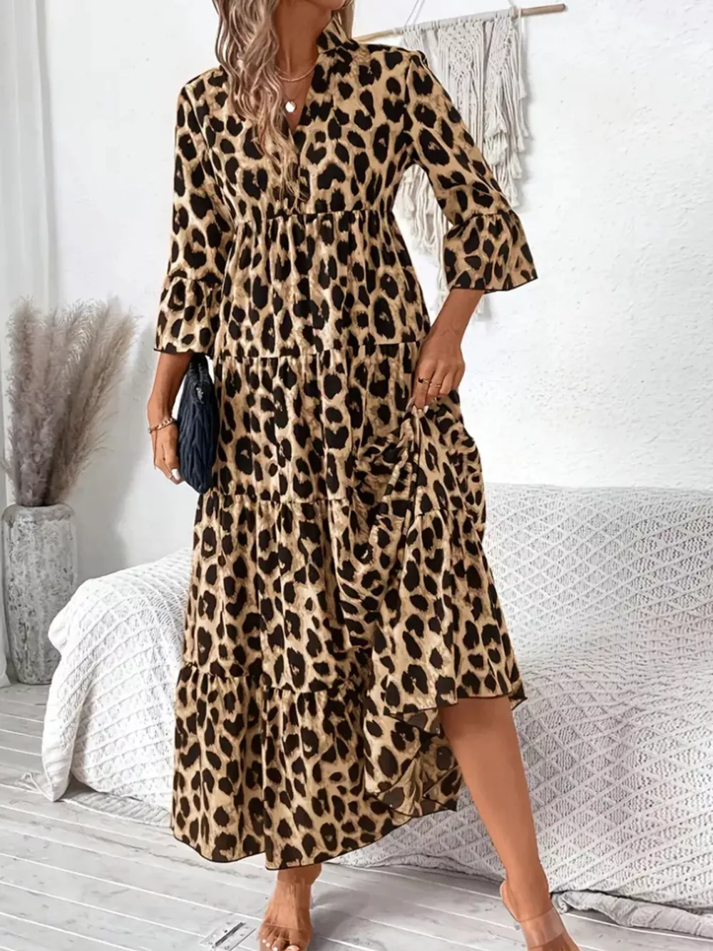 Leopard 3/4 Sleeve Midi Dress, image 3