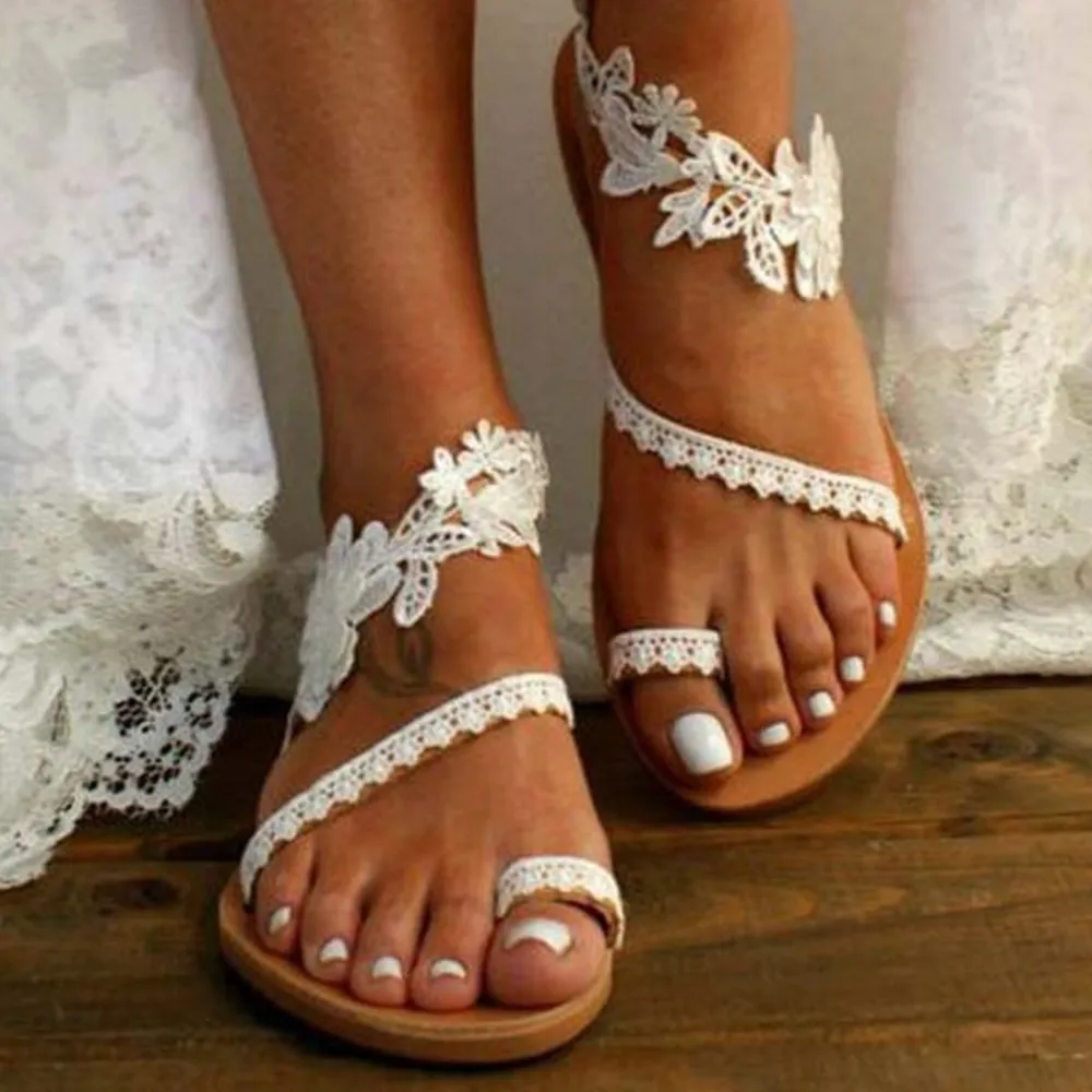 Lace Flower Toe Ring Flat Sandals, image 5