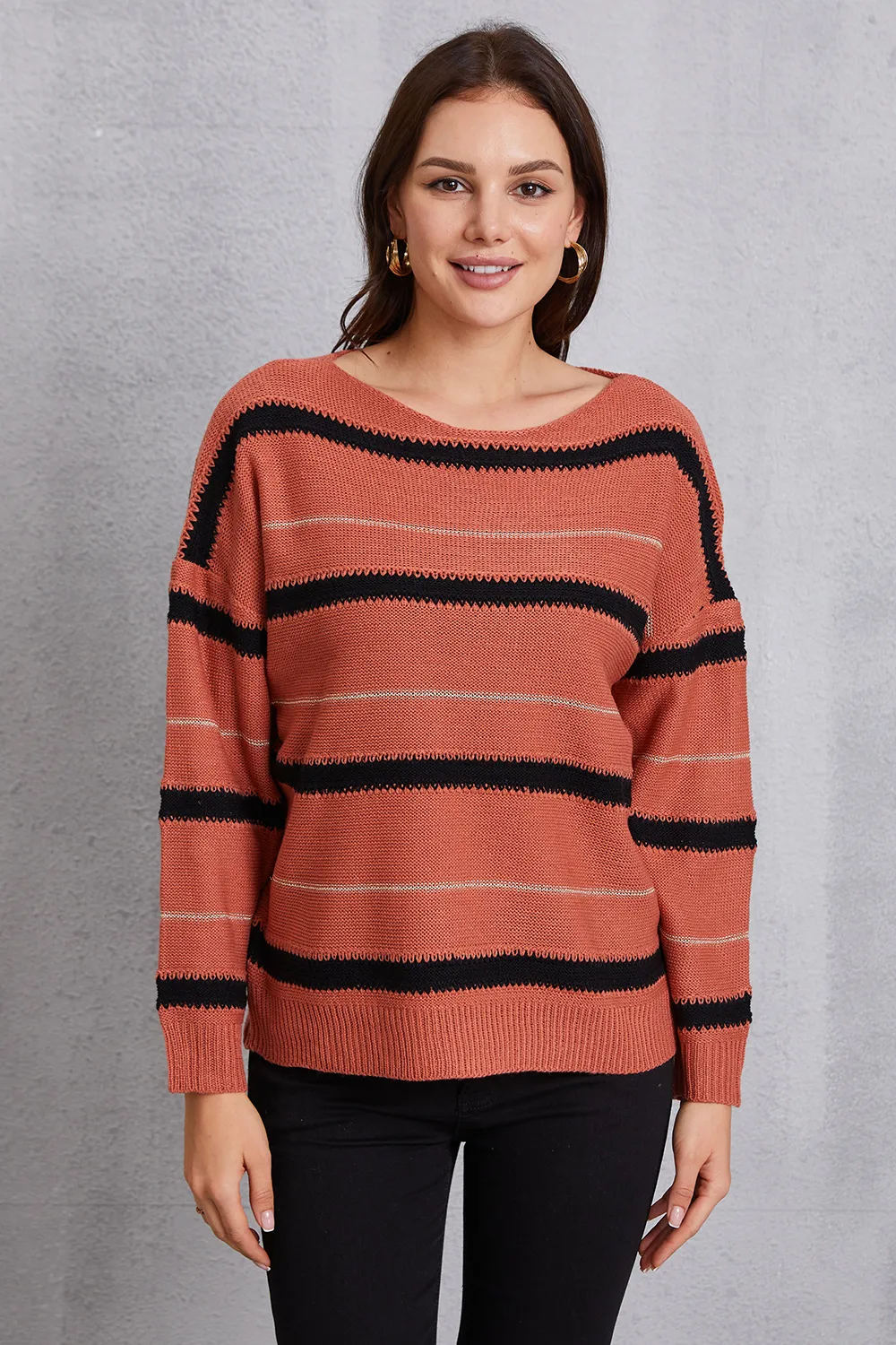 Striped Round Neck Dropped Shoulder Sweater, image 2