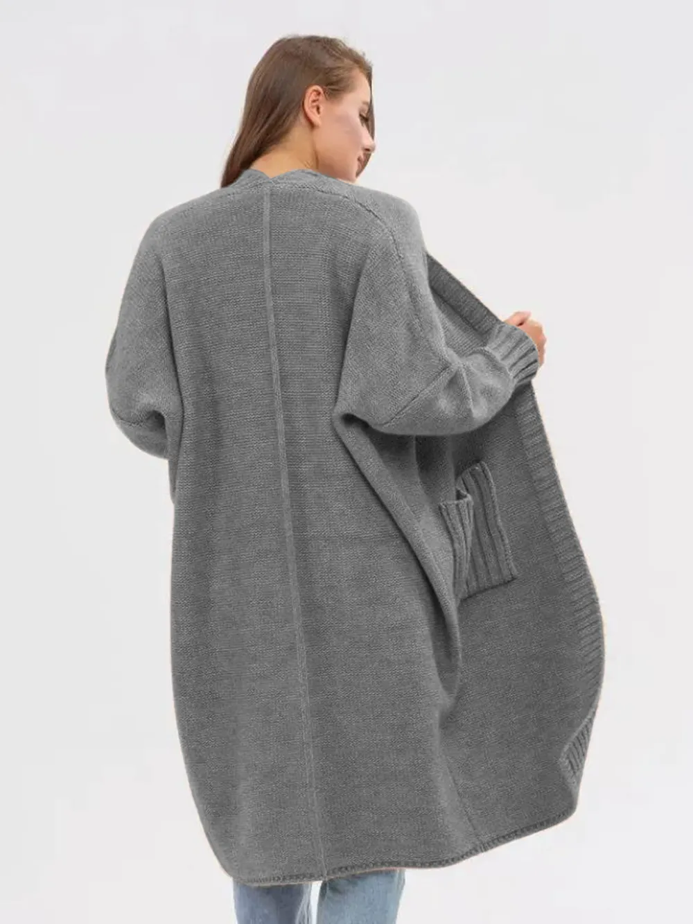Pocketed Open Front Long Sleeve Longline Cardigan, image 10