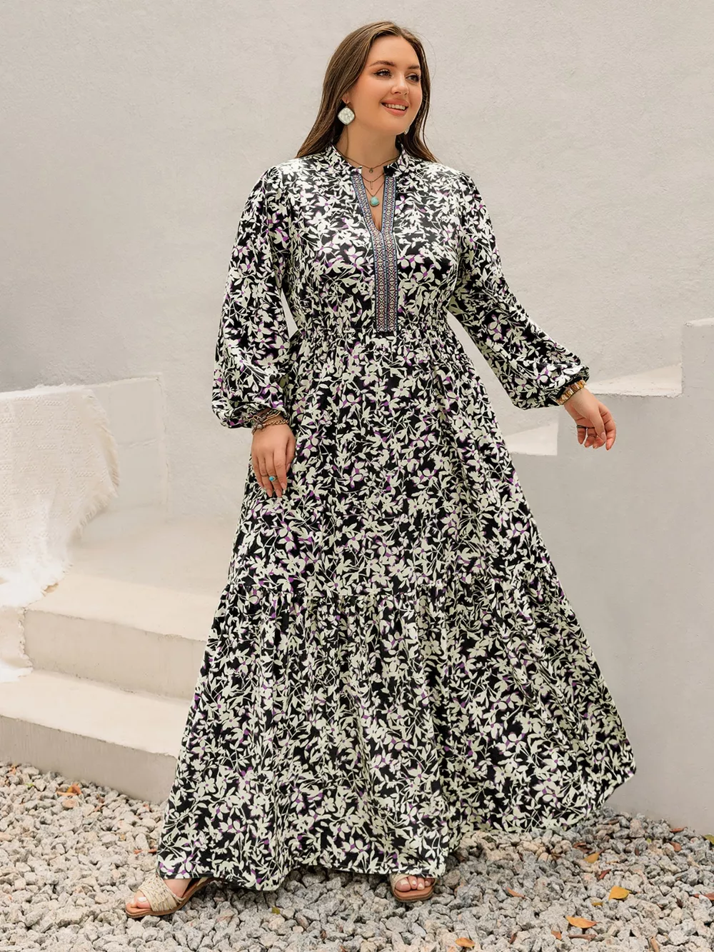 Plus Size Floral Print Long Sleeve Tiered Maxi Dress, image 2