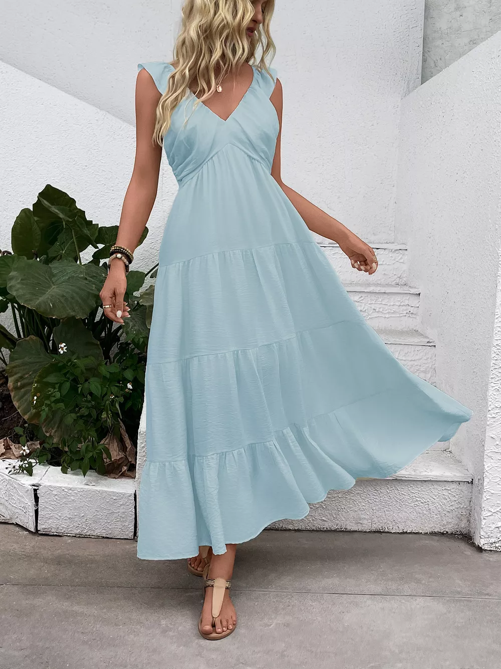 V-Neck Tiered Dress with Flutter Sleeves, image 2