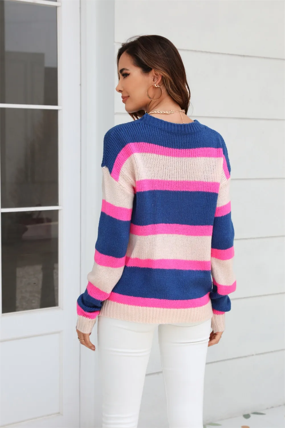 Color Block Round Neck Dropped Shoulder Sweater, image 4