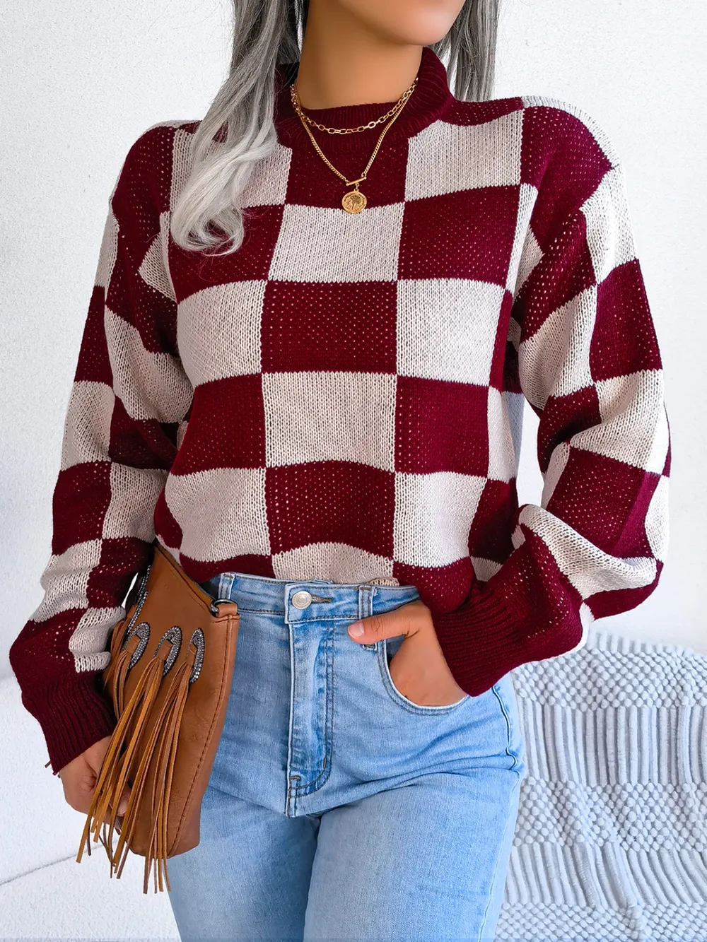 Checkered Mock Neck Long Sleeve Sweater, image 16