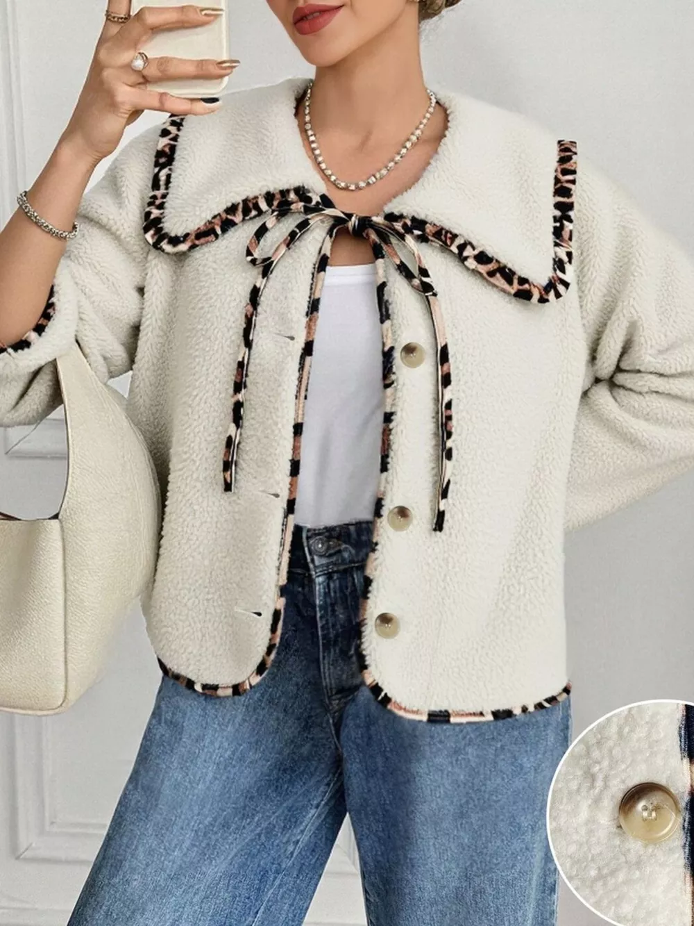 Leopard Trim Contrast Collar Sherpa Jacket, image 2