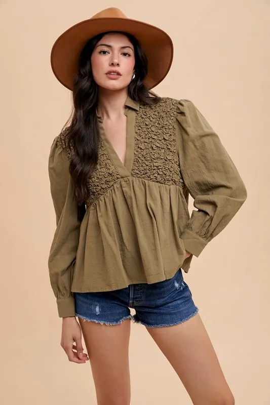 Smocked Front Long Sleeve Babydoll Blouse, image 2