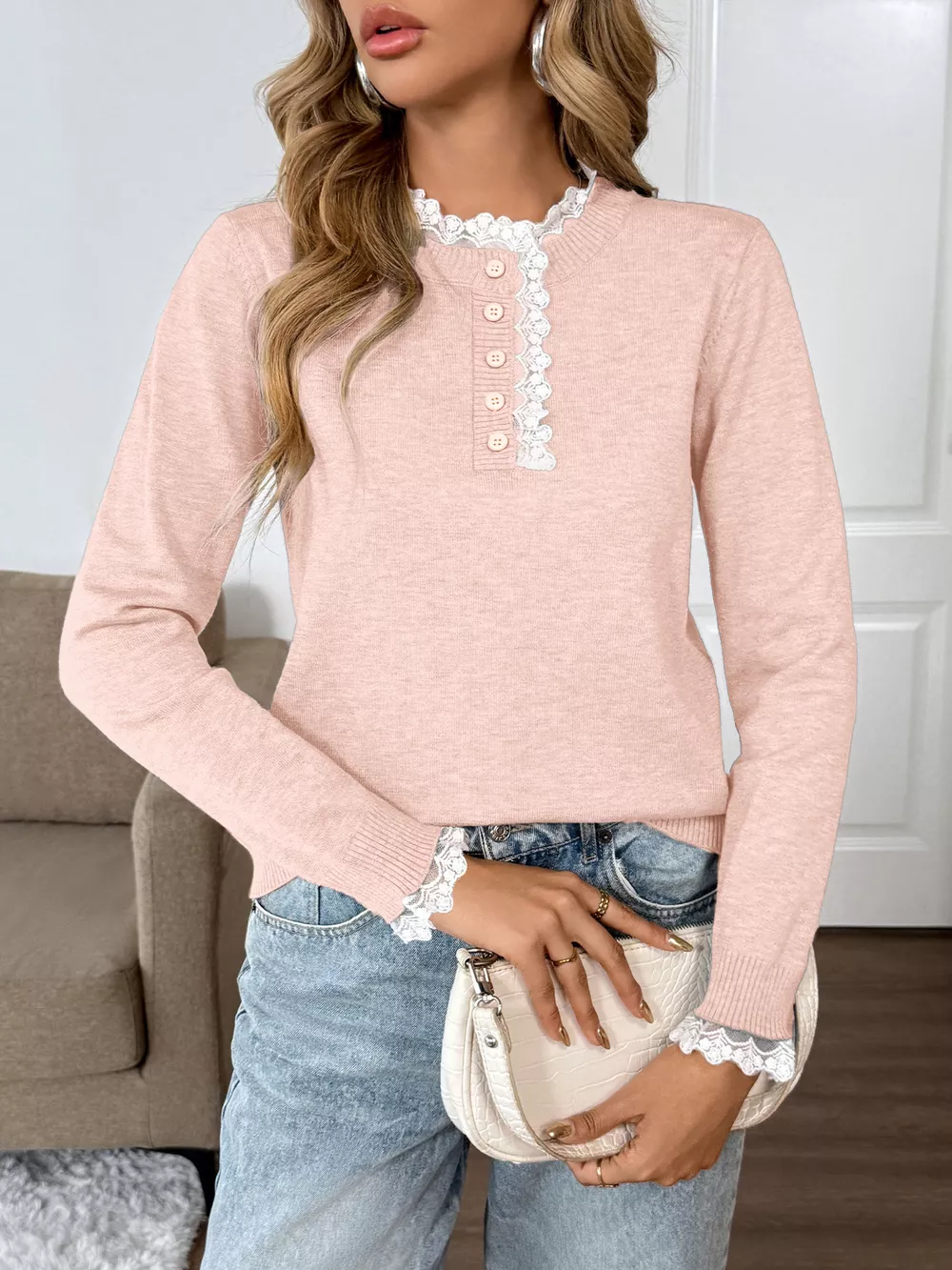 Lace Trim Button Detail Sweater, image 17