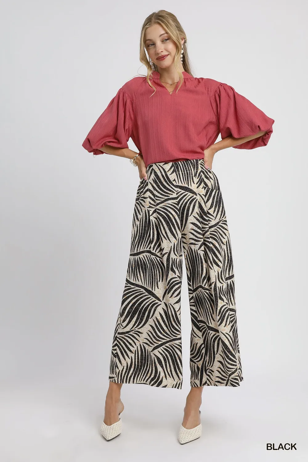 Palm Leaf Print Wide Leg Culotte Pants, image 2