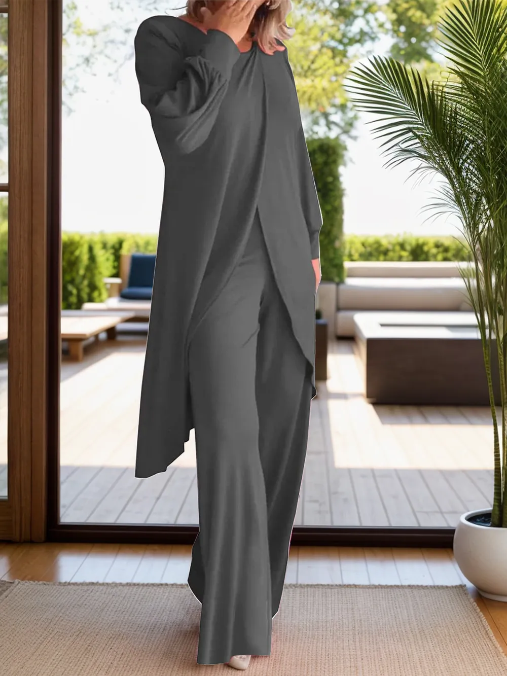 Full Size Slit Round Neck Long Sleeve Top and Pants Set, image 11