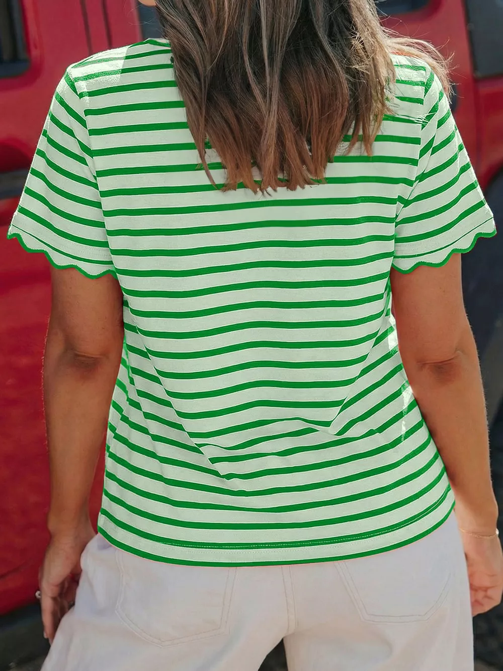Striped Scallop-Trimmed Round Neck T-Shirt, image 3