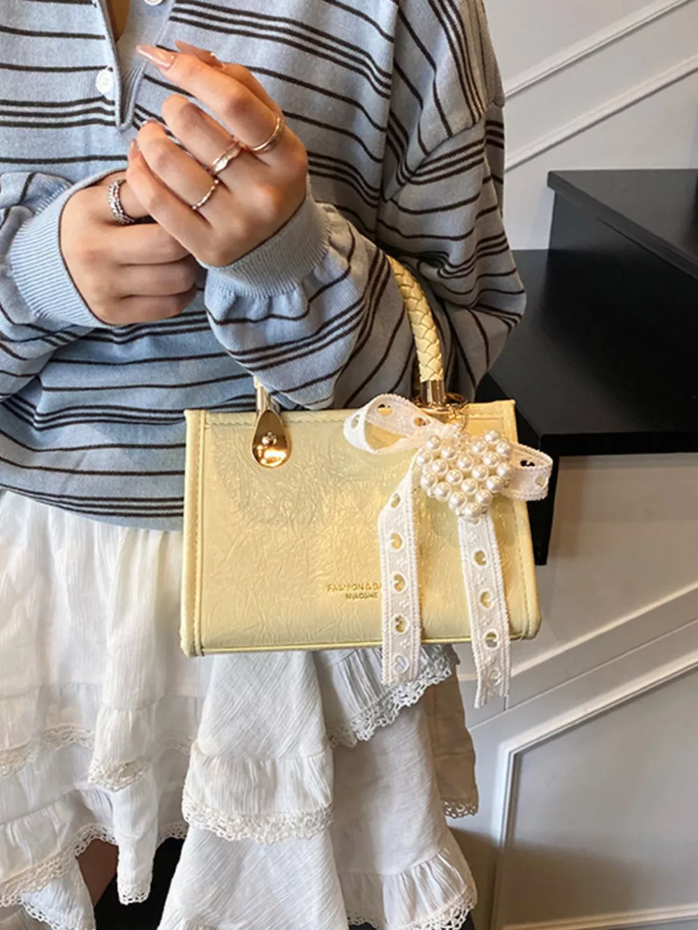 Braided Handle Pearl Decor Crossbody Bag, image 8