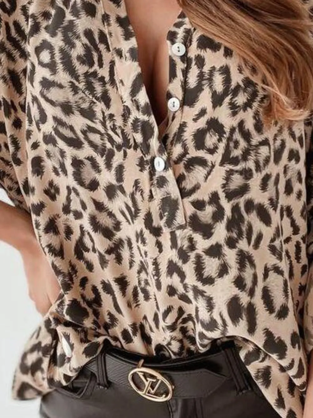 Full Size Leopard Print Roll-Tab Sleeves Blouse Plus Size, image 2