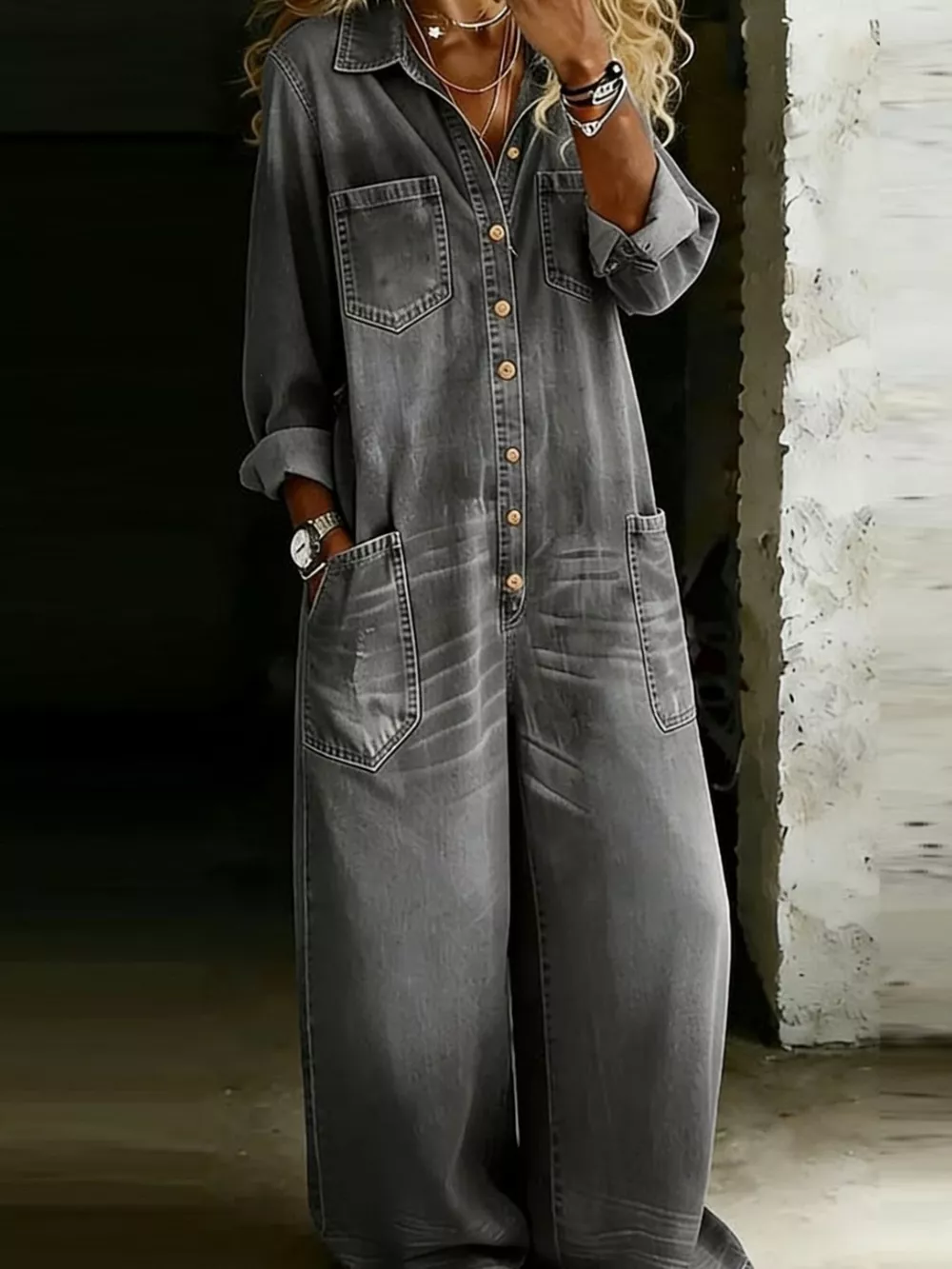 Full Size Button Front Wide Leg Jumpsuit with Chest Pockets Plus Size, image 6