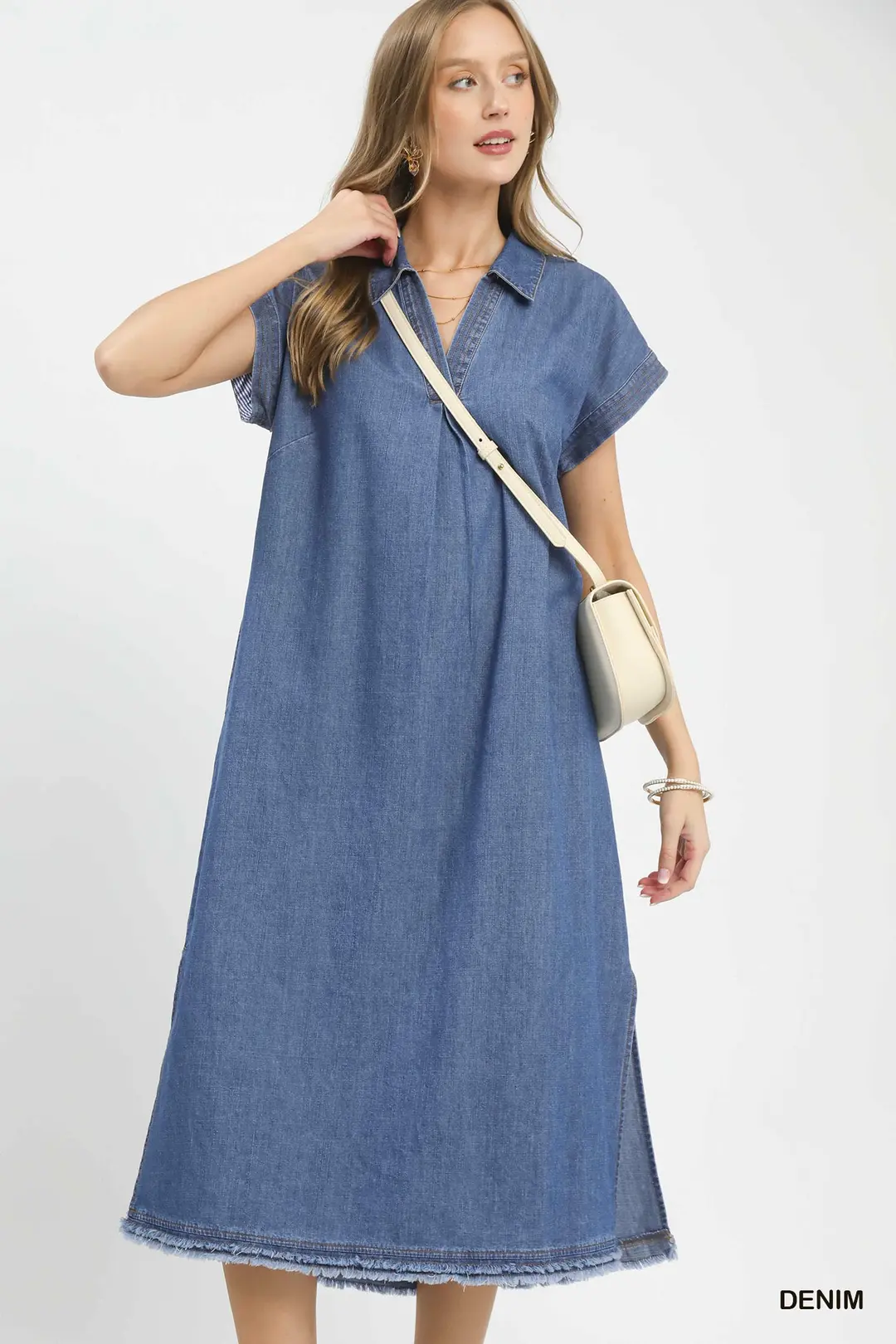 Stone Washed Collared Denim Midi Dress, image 5