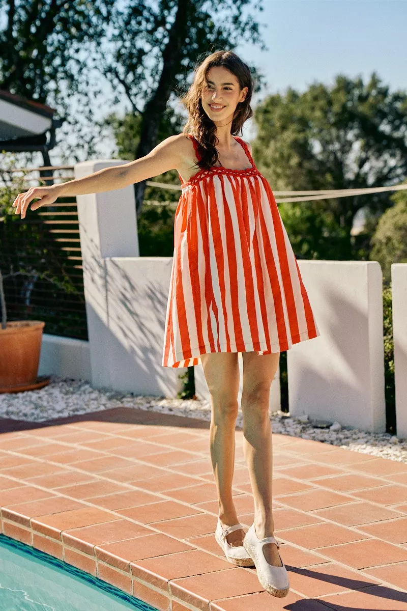 Stripe Cotton Scallop Side Pocket Lined Mini Dress, image 11