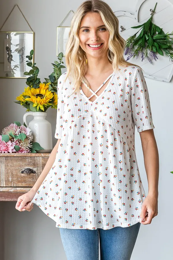 Full Size Crisscross Ditsy Floral Babydoll Top Plus Size, image 5