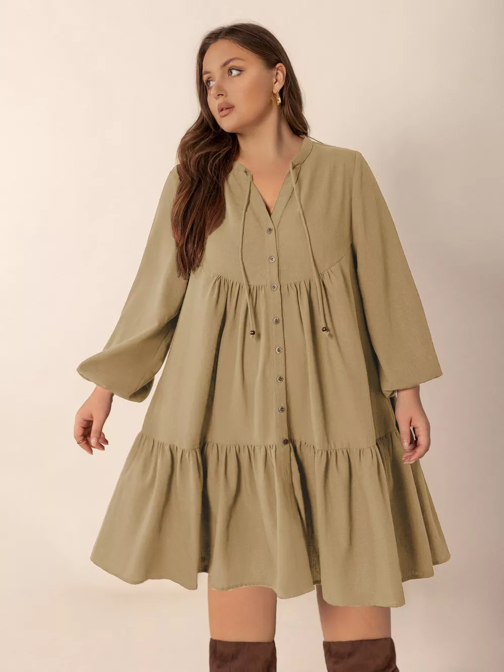 Plus Size Tie Neck Balloon Sleeve Dress, image 6