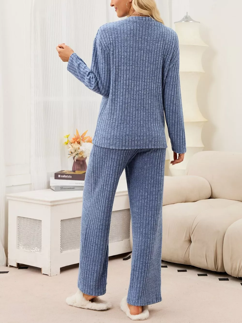 Ribbed Knit Top and Wide-Leg Pants Set, image 5