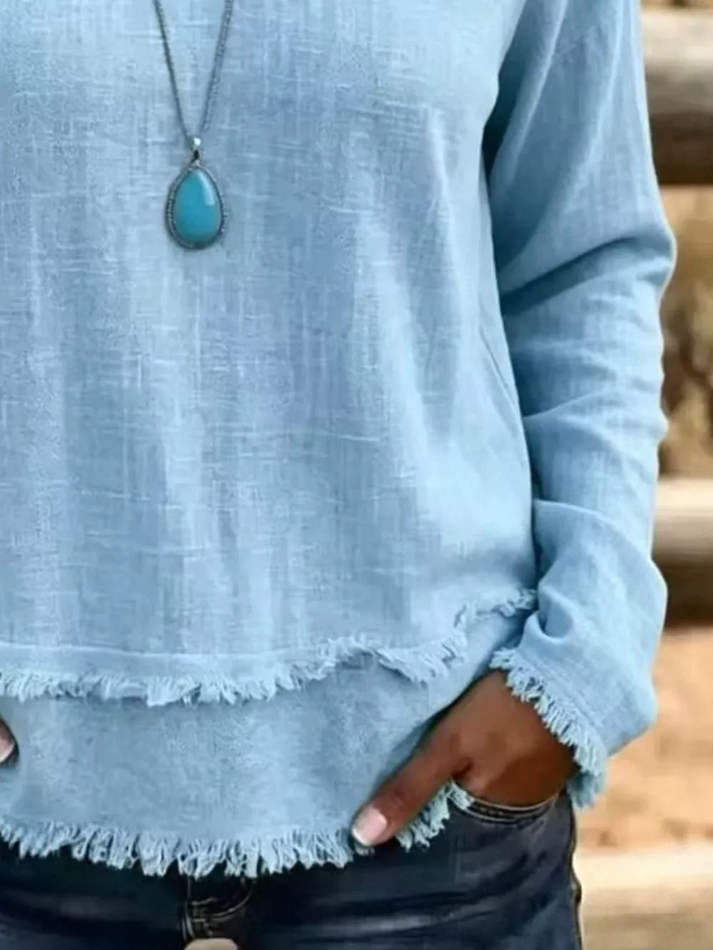 V-Neck Long Sleeve Blouse with Frayed Hem Detail, image 6