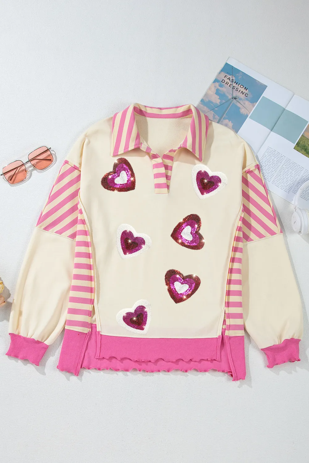 Valentine’s Day Sequin Heart Pattern Long Sleeve Sweatshirt, image 3