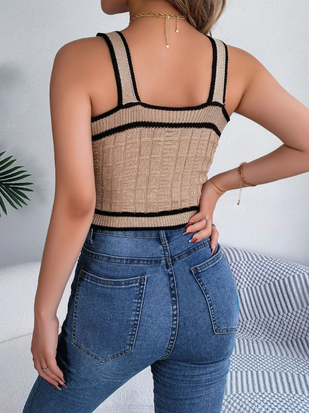 Decorative Button Wide Strap Knit Cami, image 3