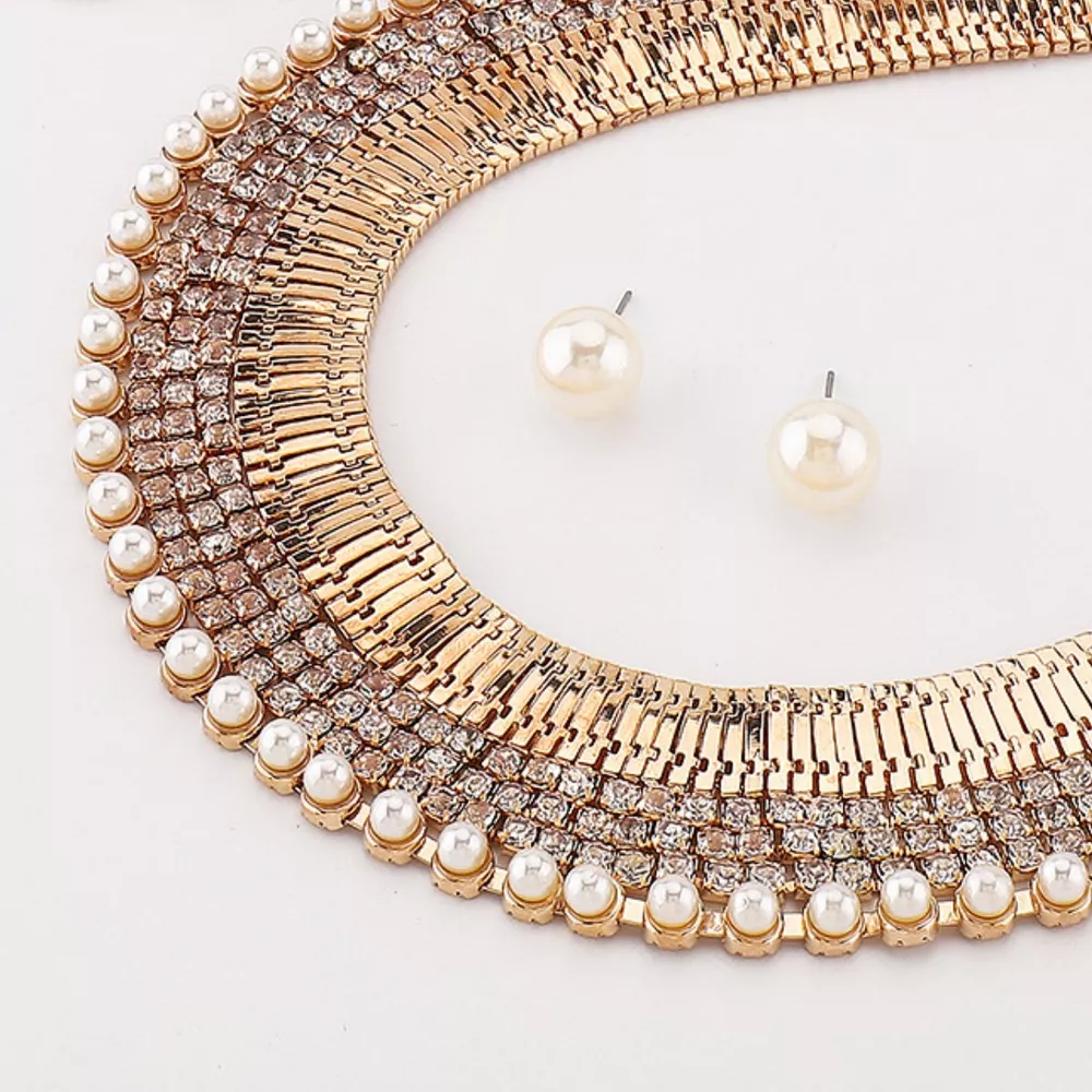 18K Gold-Plated Pearl Earrings and Necklace Jewelry Set, image 3