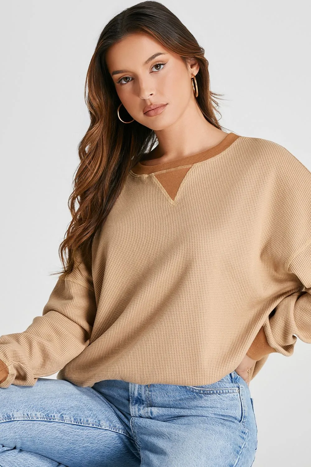 Waffle-Knit Long Sleeve Sweatshirt, image 5