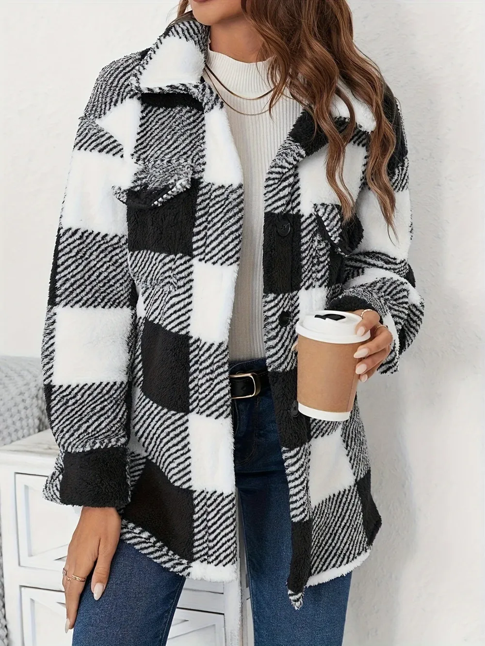 Plaid Button Up Long Sleeve Fuzzy Outerwear, image 2