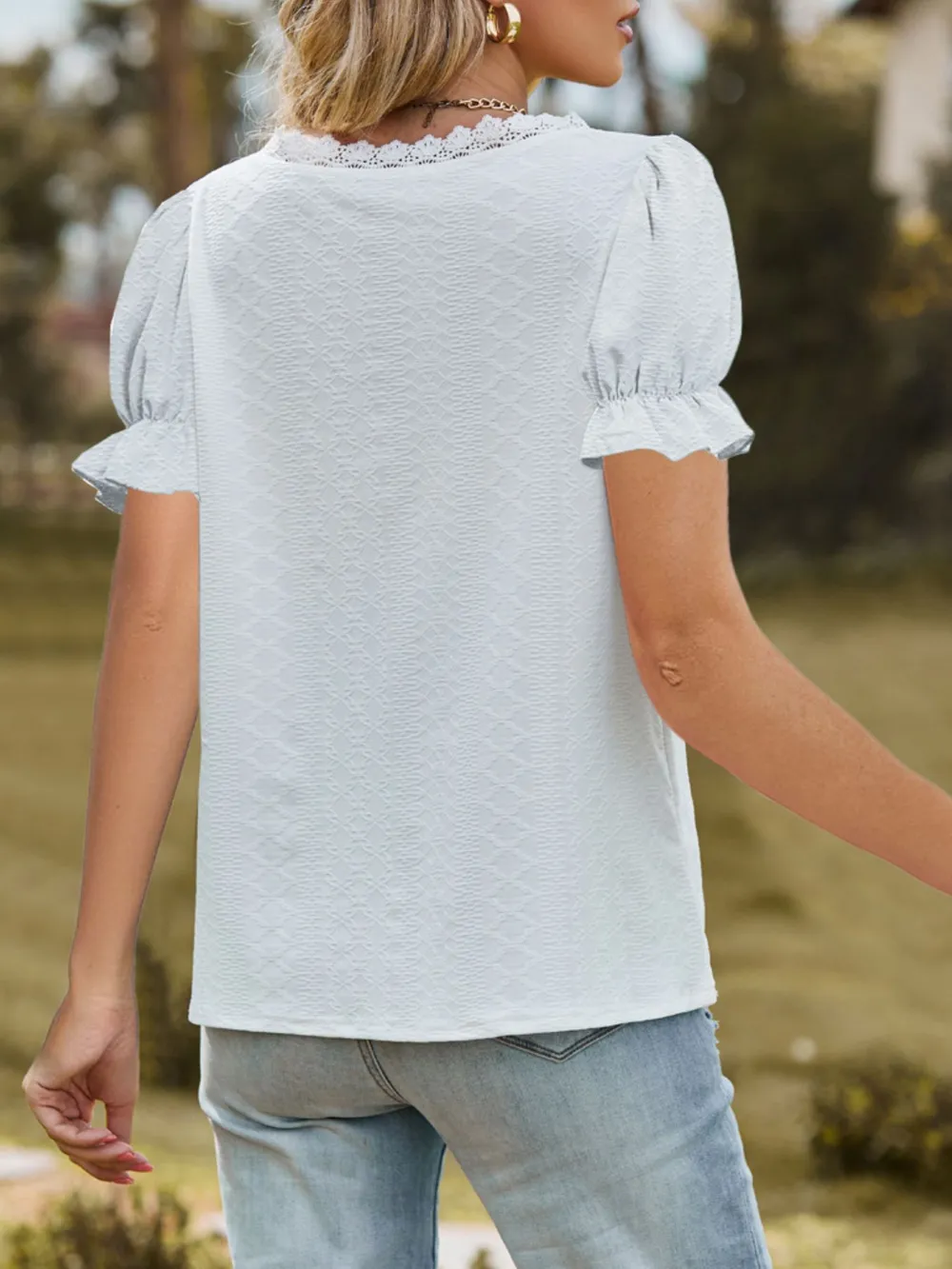 Lace Trim V-Neck Puff Sleeve Blouse, image 5