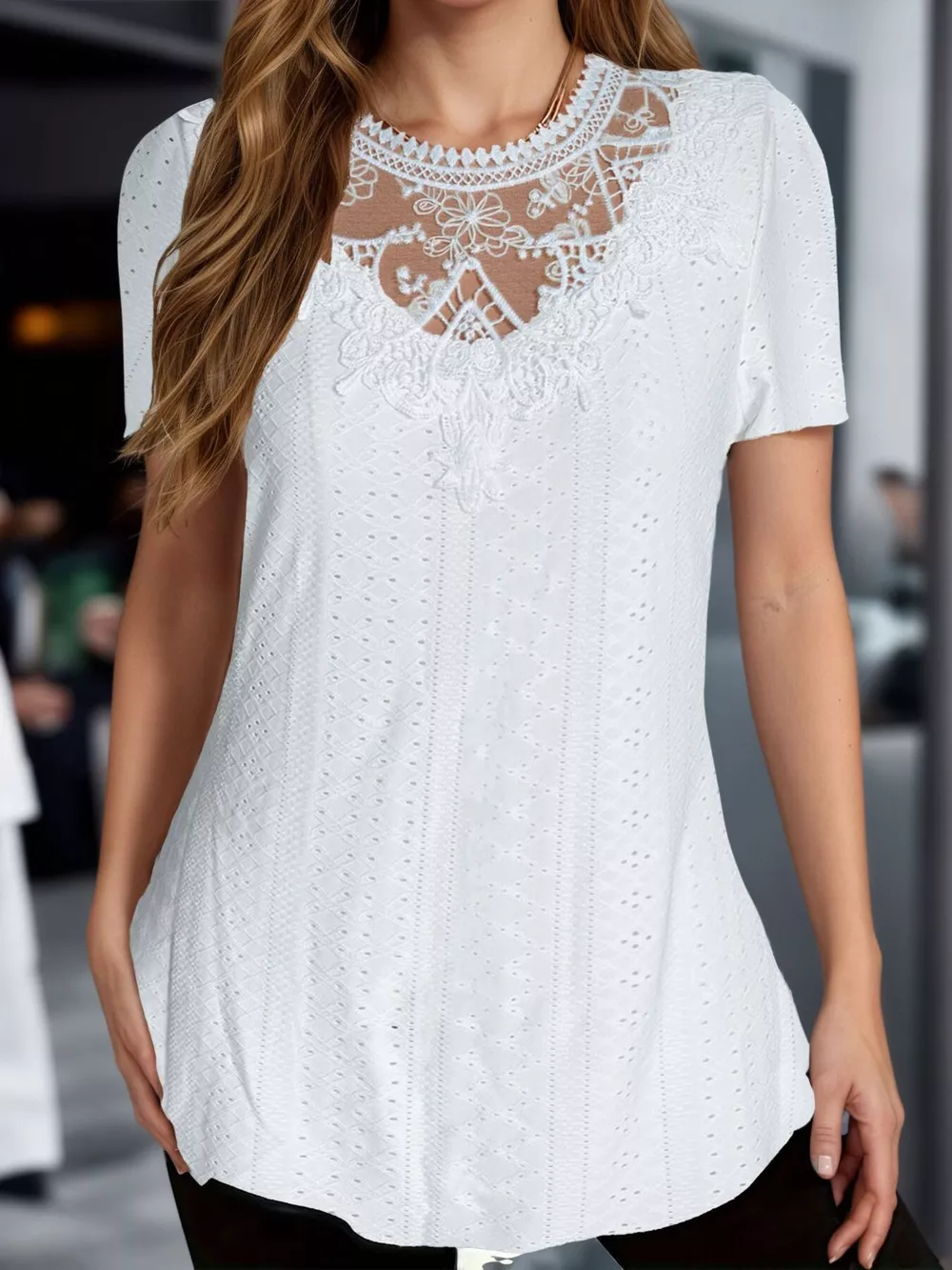 Lace Detail Eyelet Short Sleeve Top, image 3