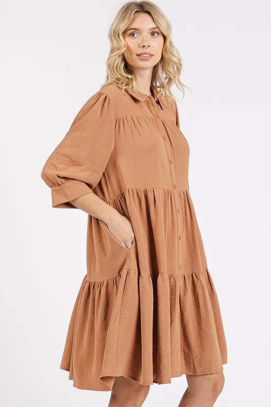 Button Detail Collared Neck Tiered Shirt Dress, image 2