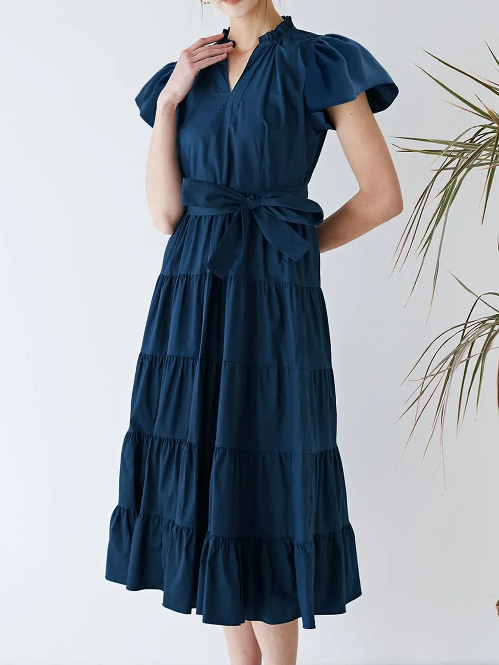 Ruched Tiered Notched Short Sleeve Dress, image 2