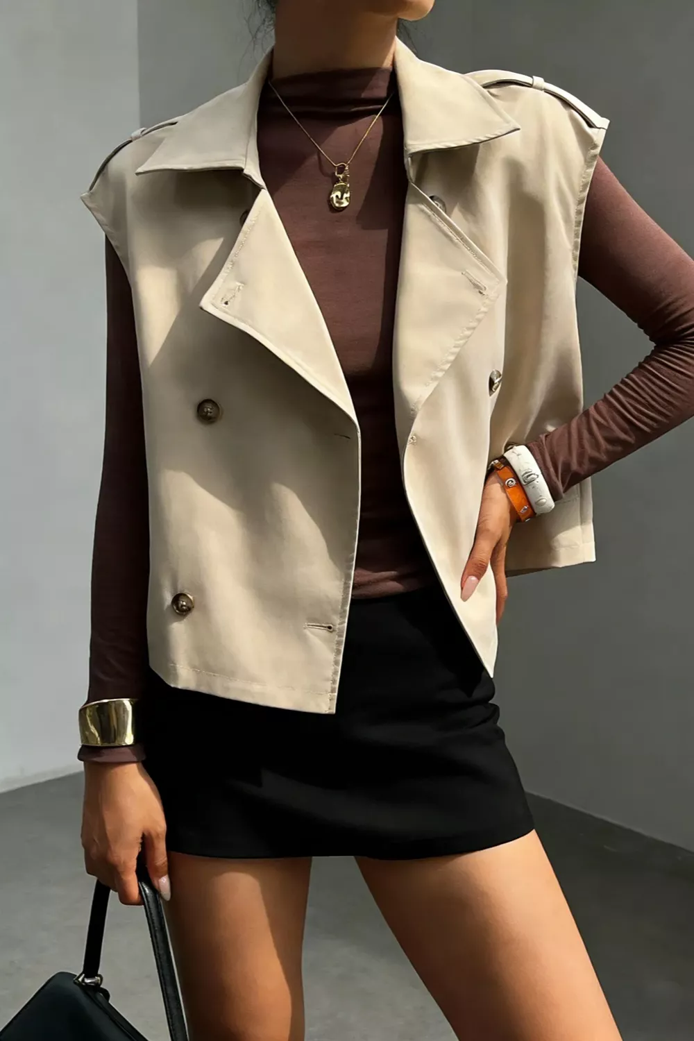 Double-Breasted Cropped Trench Vest Coat, image 2