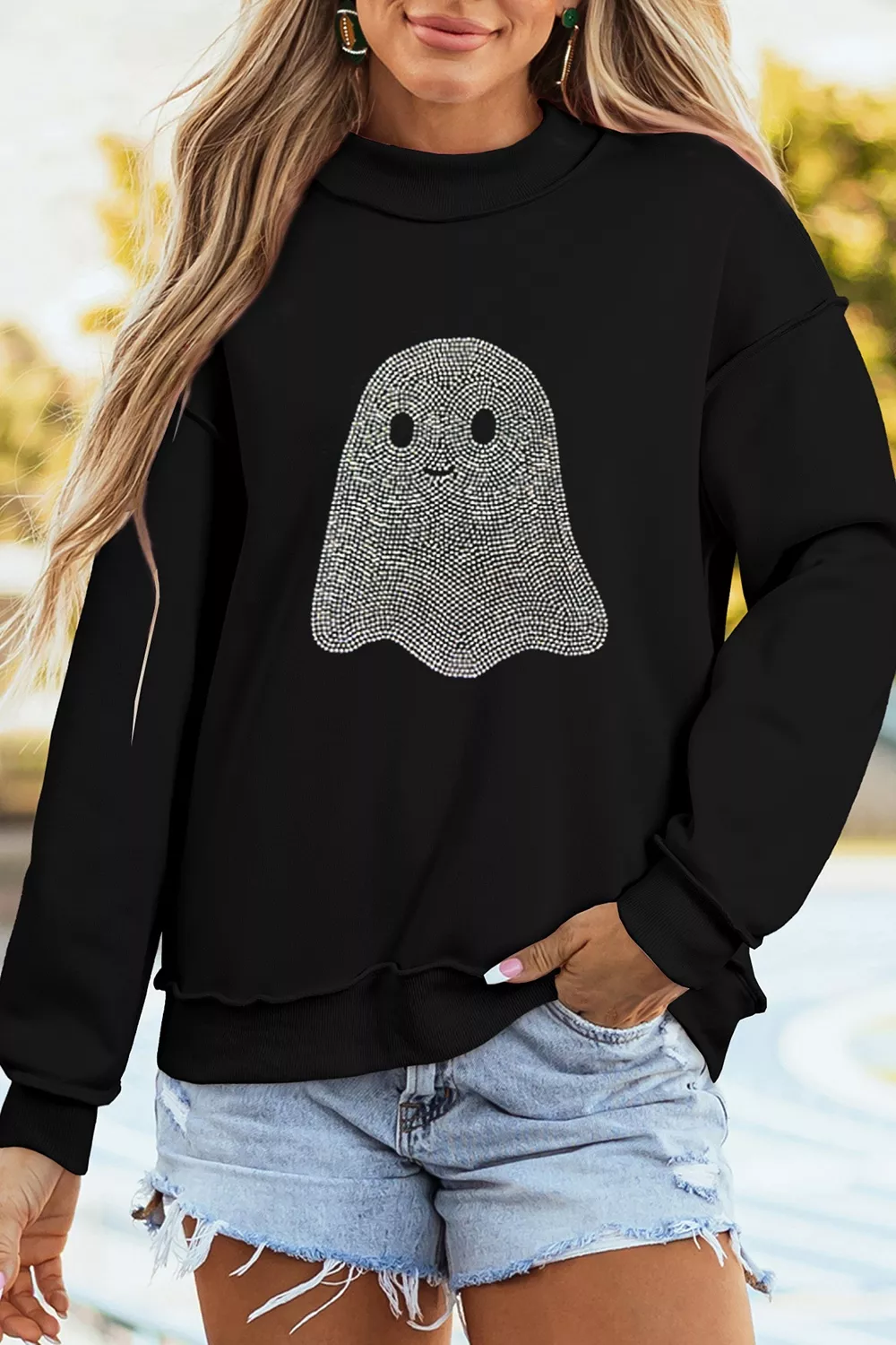 Rhinestone Ghost Exposed Seam Mock Neck Halloween Sweatshirt, image 2