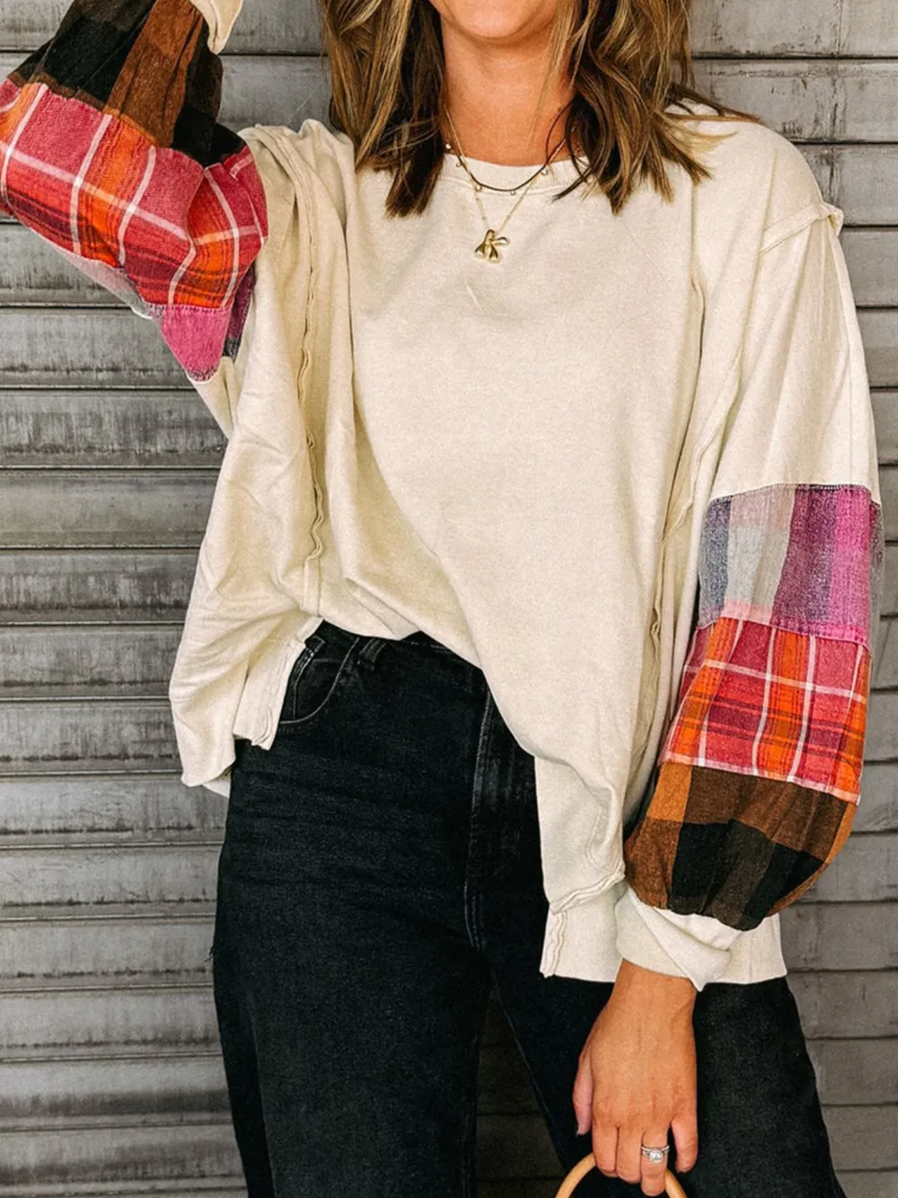 Plaid Sleeve Contrast Casual Sweatshirt, image 2