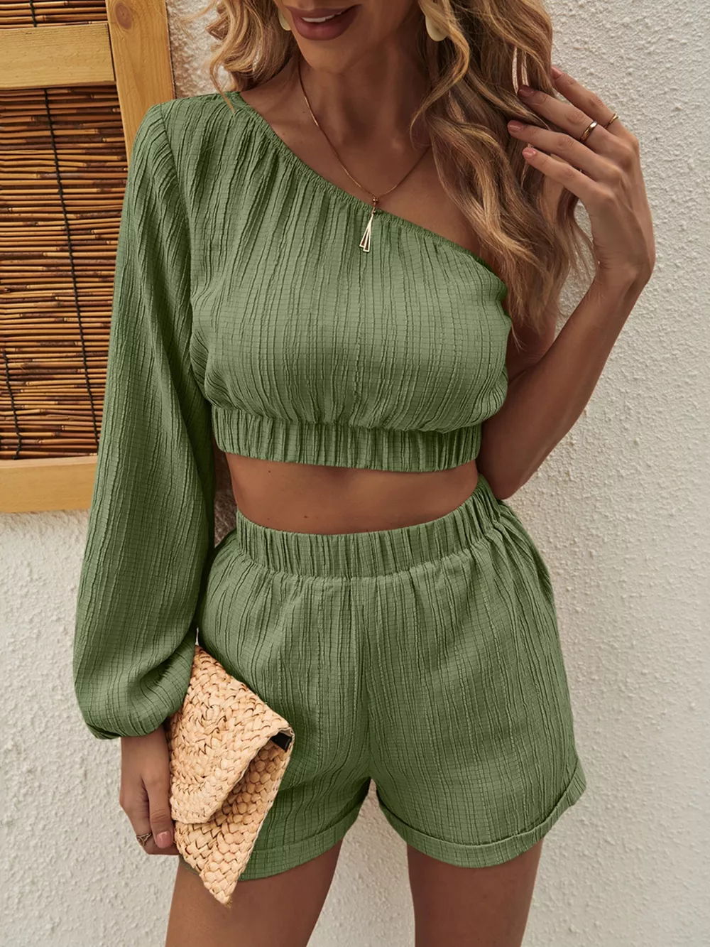 One Shoulder Long Sleeve Top and Shorts Set, image 3