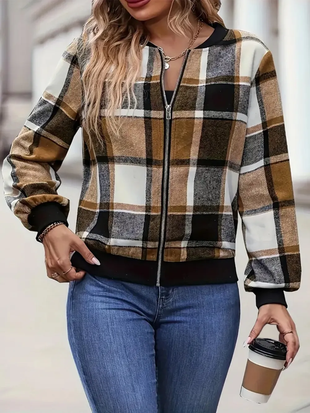Plus Size Plaid Baseball Collar Zip Up Jacket, image 2