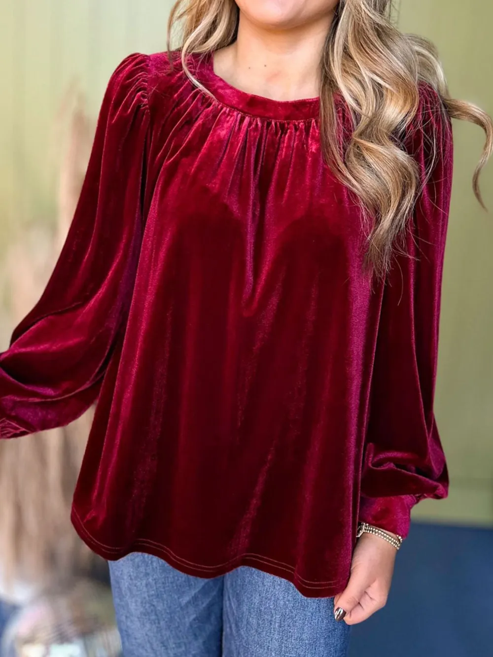 Ruched Round Neck Long Sleeve Blouse, image 5