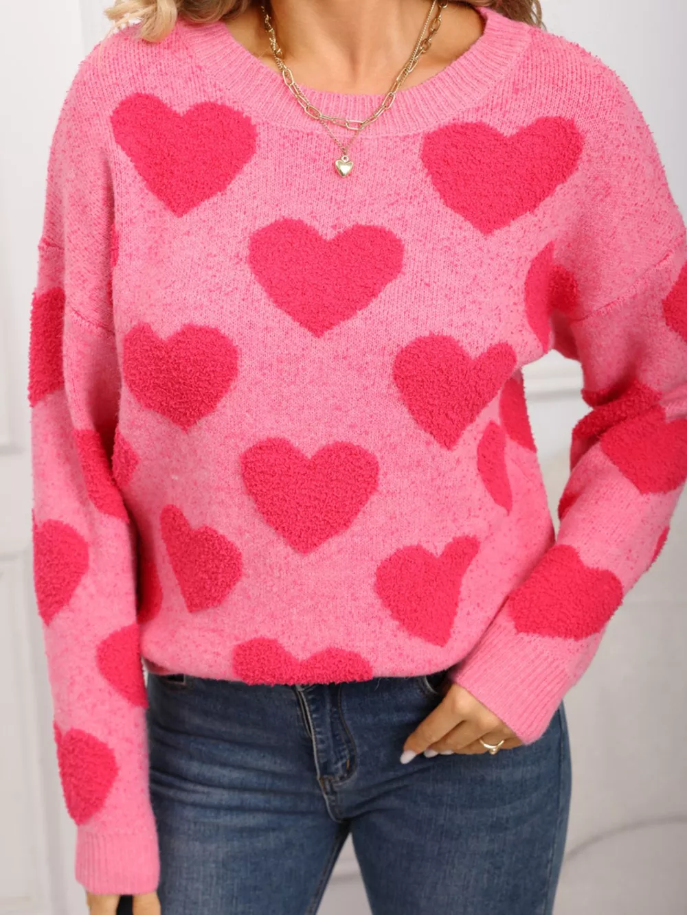 Valentine's Day Heart Pattern Round Neck Sweater, image 10