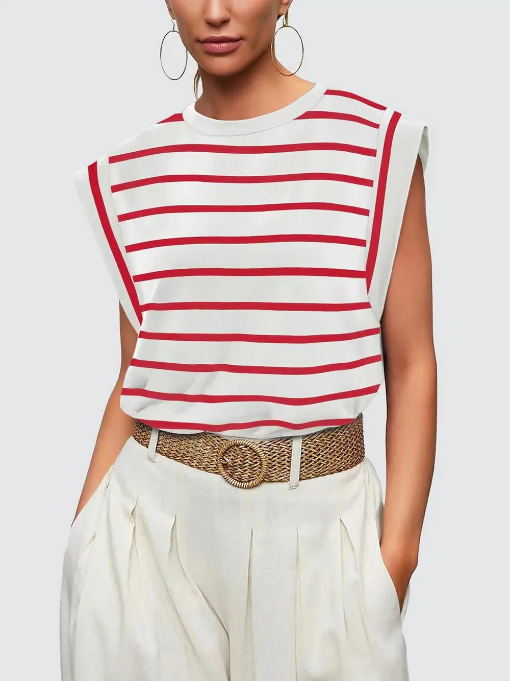 Striped Round Neck Cap Sleeve T-Shirt, image 4