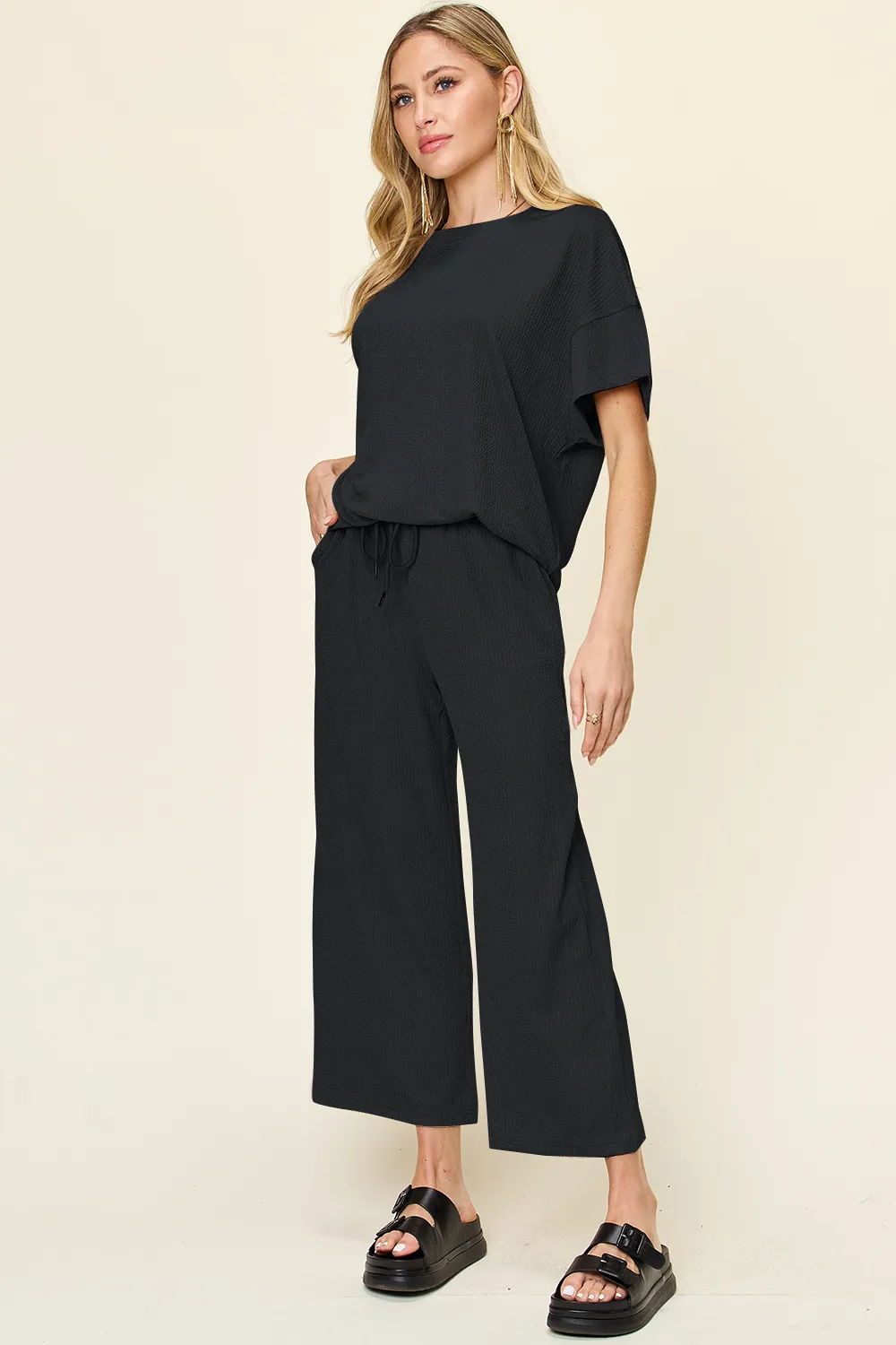 Full Size Texture Round Neck Short Sleeve T-Shirt and Wide Leg Pants, image 3