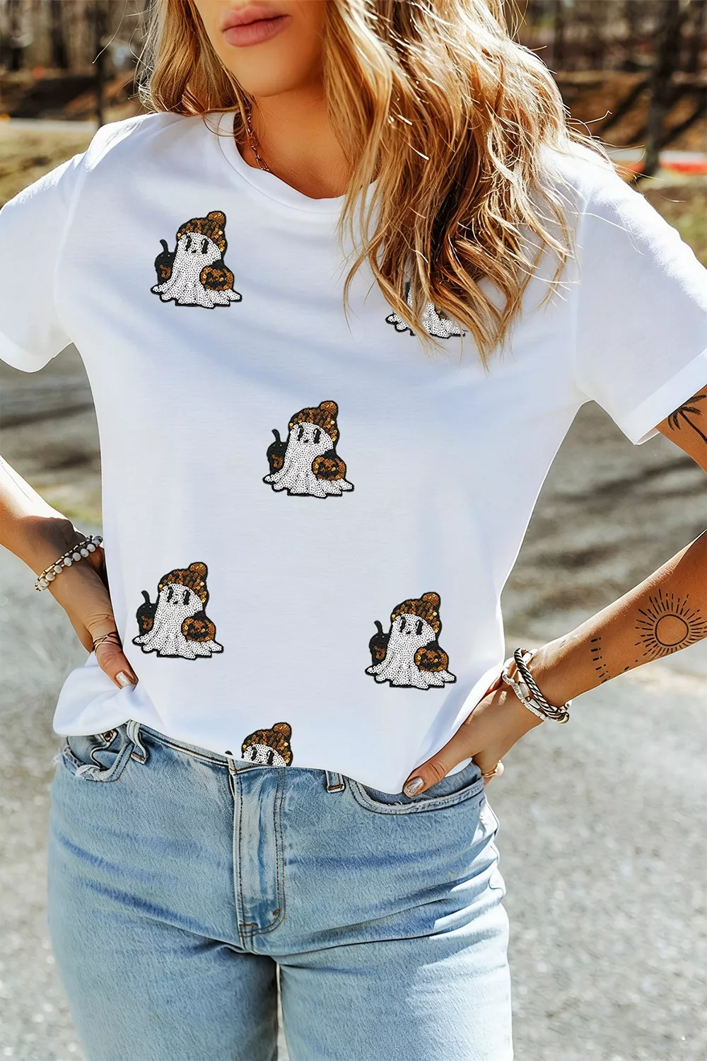 Full Size Halloween Sequin Ghost Print Short Sleeve Casual T-Shirt Plus Size, image 3