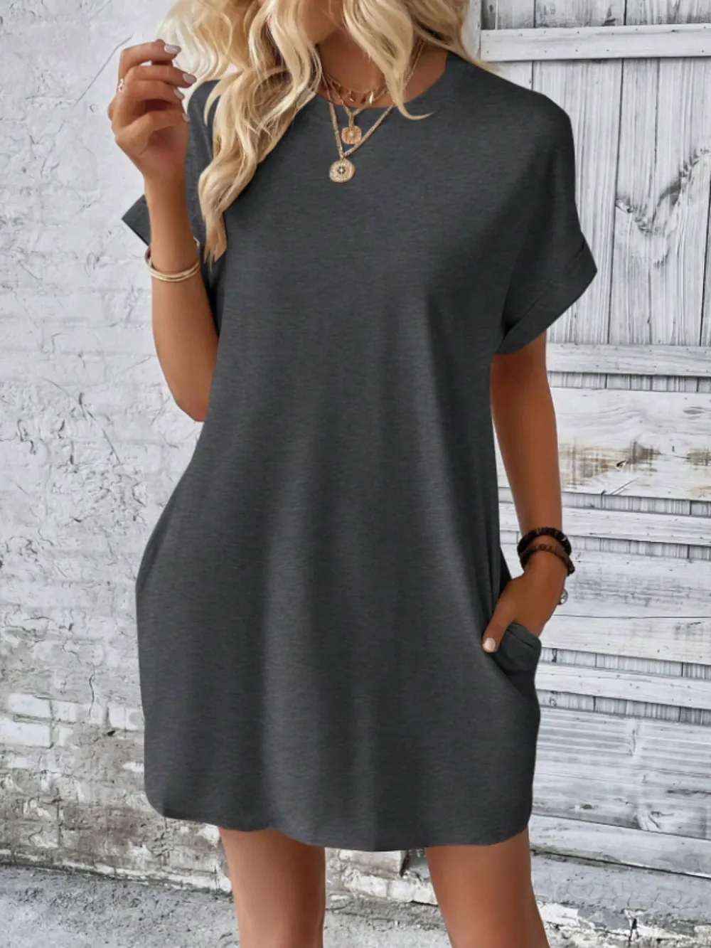 Round Neck Short Sleeve Mini Tee Dress with Pockets, image 3