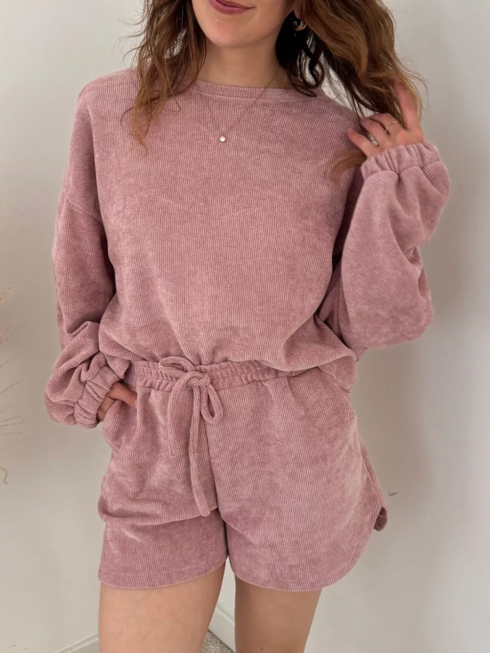 Round Neck Dropped Shoulder Top and Drawstring Shorts Set, image 2