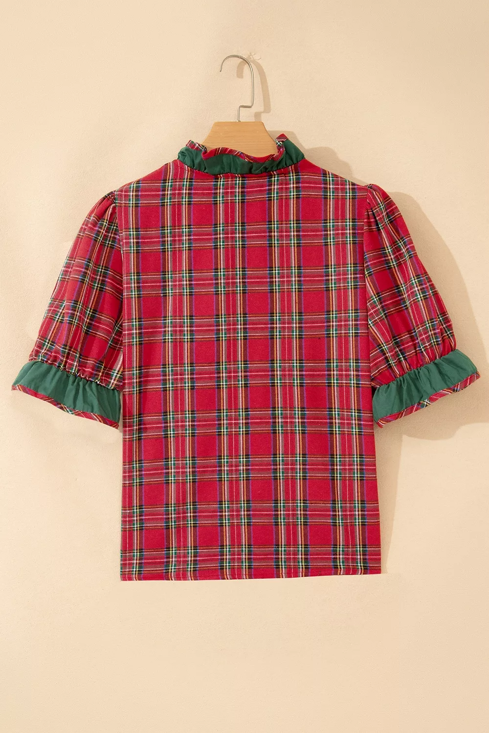 Plaid V Neck Ruffle Color Block Trim Short Sleeve Shirt, image 6
