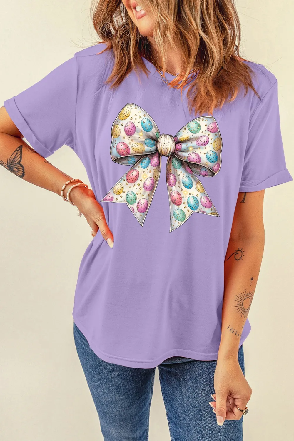 Bow Graphic Round Neck Short Sleeve T-Shirt