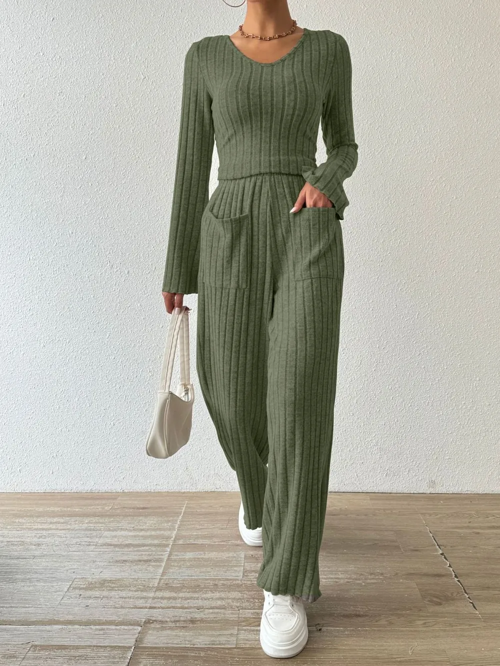 Ribbed V-Neck Long Sleeve Top and Pocketed Pants Set, image 8