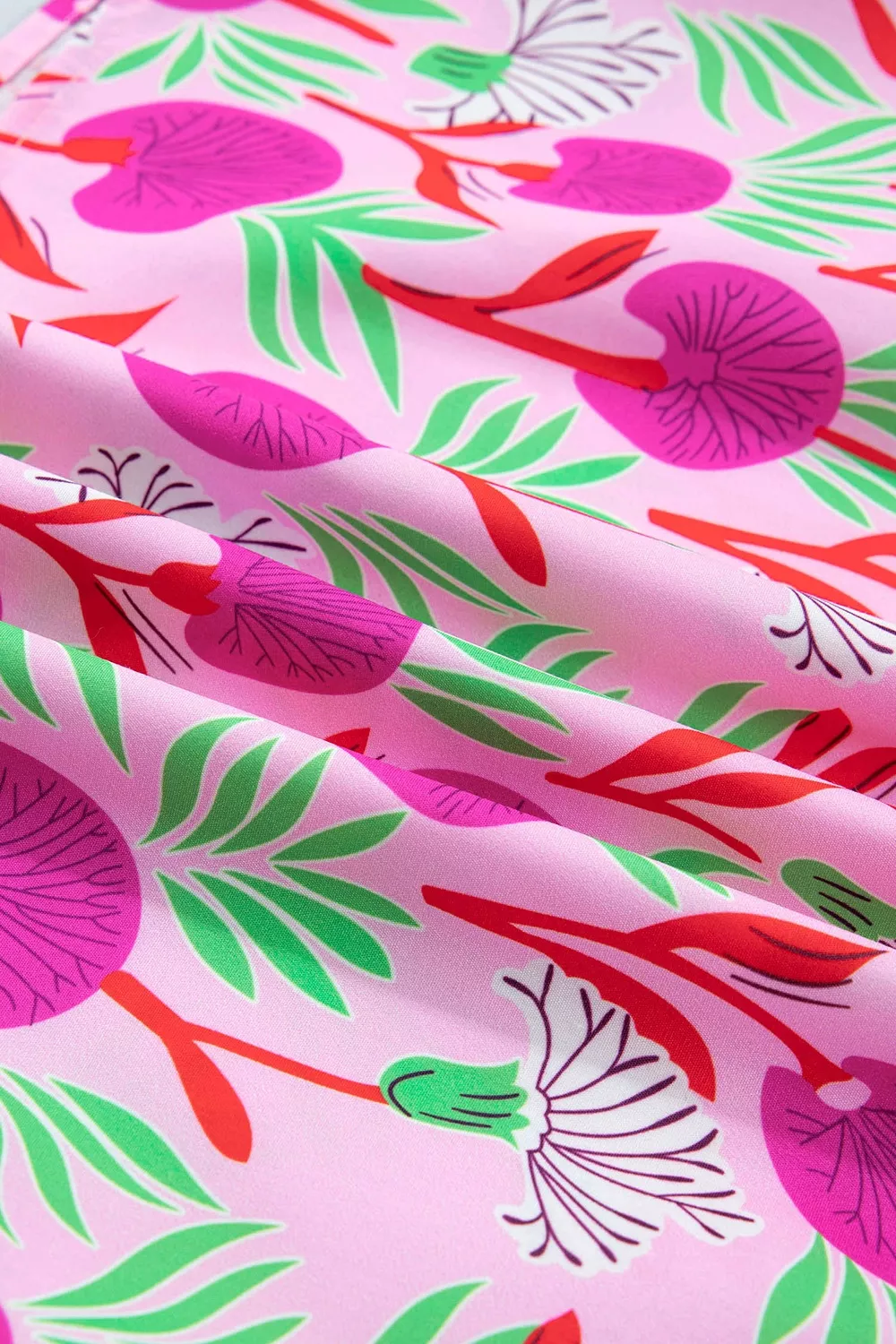 Floral Print Short Sleeve Contrast Patchwork Tassel Tie Blouse, image 14