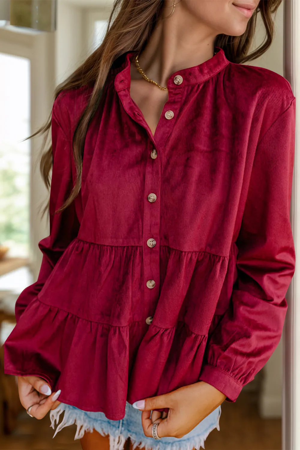 Peplum Round Neck Long Sleeve Shirt, image 3